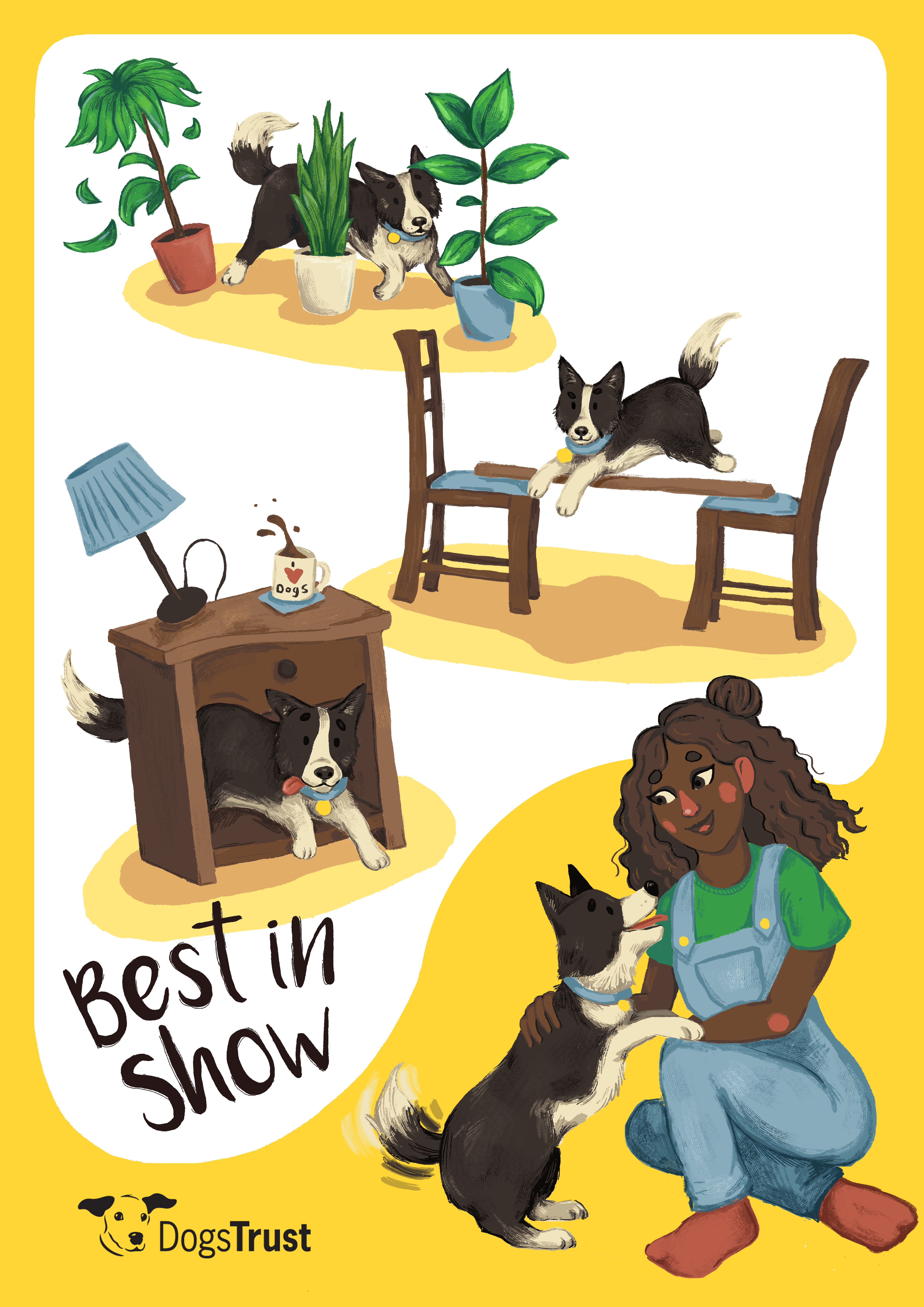 An illustration for the Dogs Trust charity, showing a dog engaging in a dog agility course that is comprised of household objects, accompanied by an owner, text reads: 'Best in Show'. 