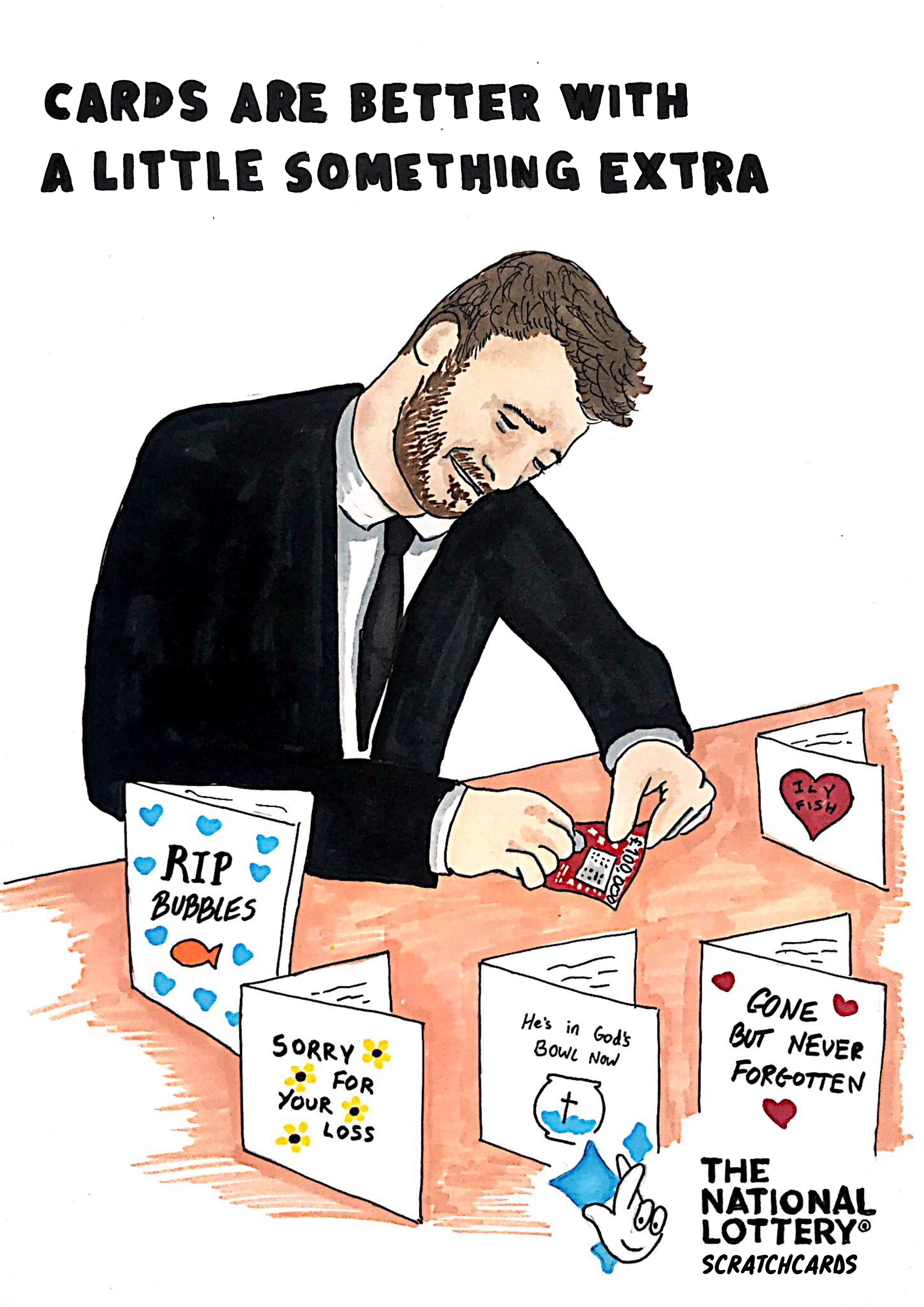 Illustration of a man scratching a scratchcard surrounded with condolence cards.