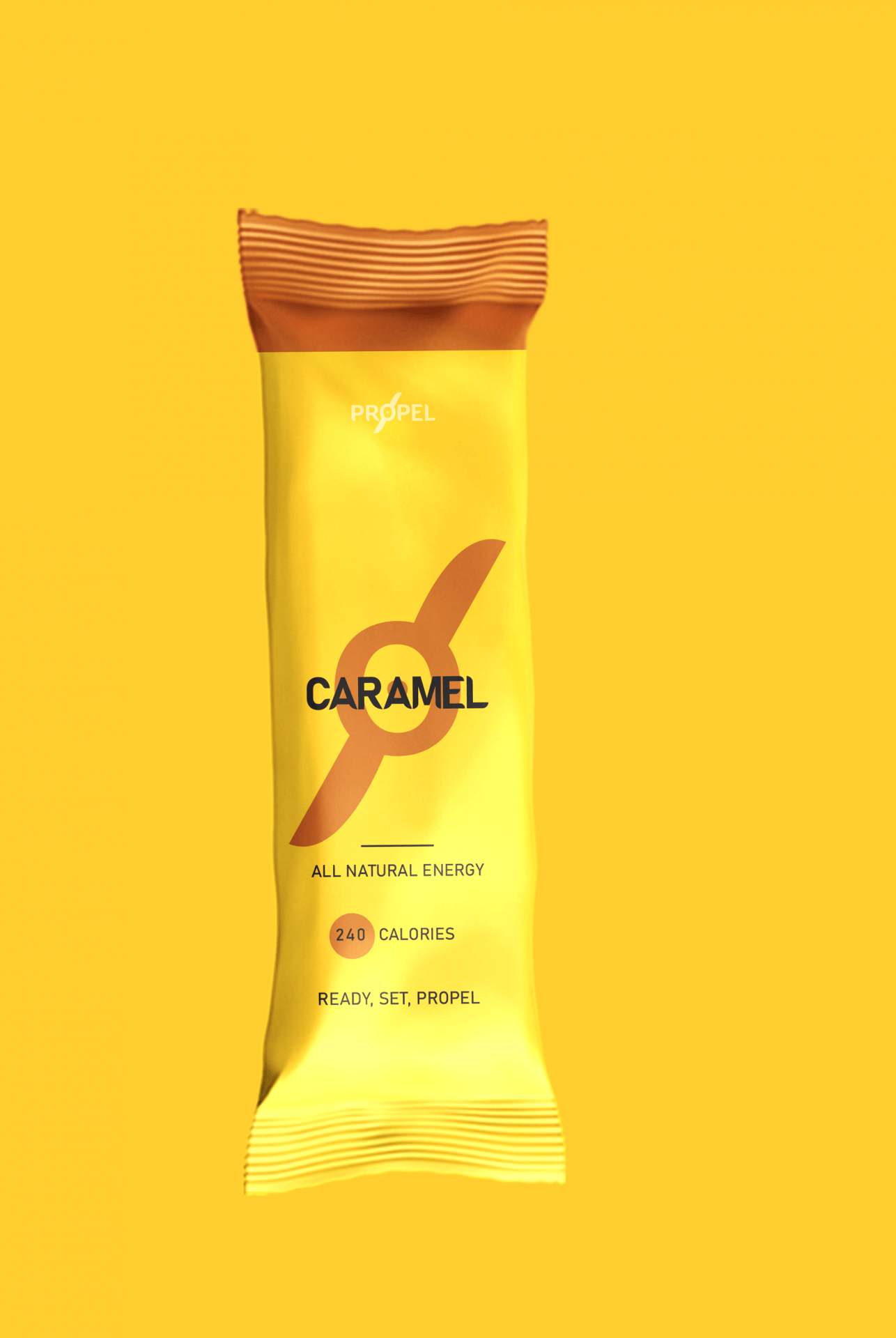 Yellow packaged caramel energy bar.