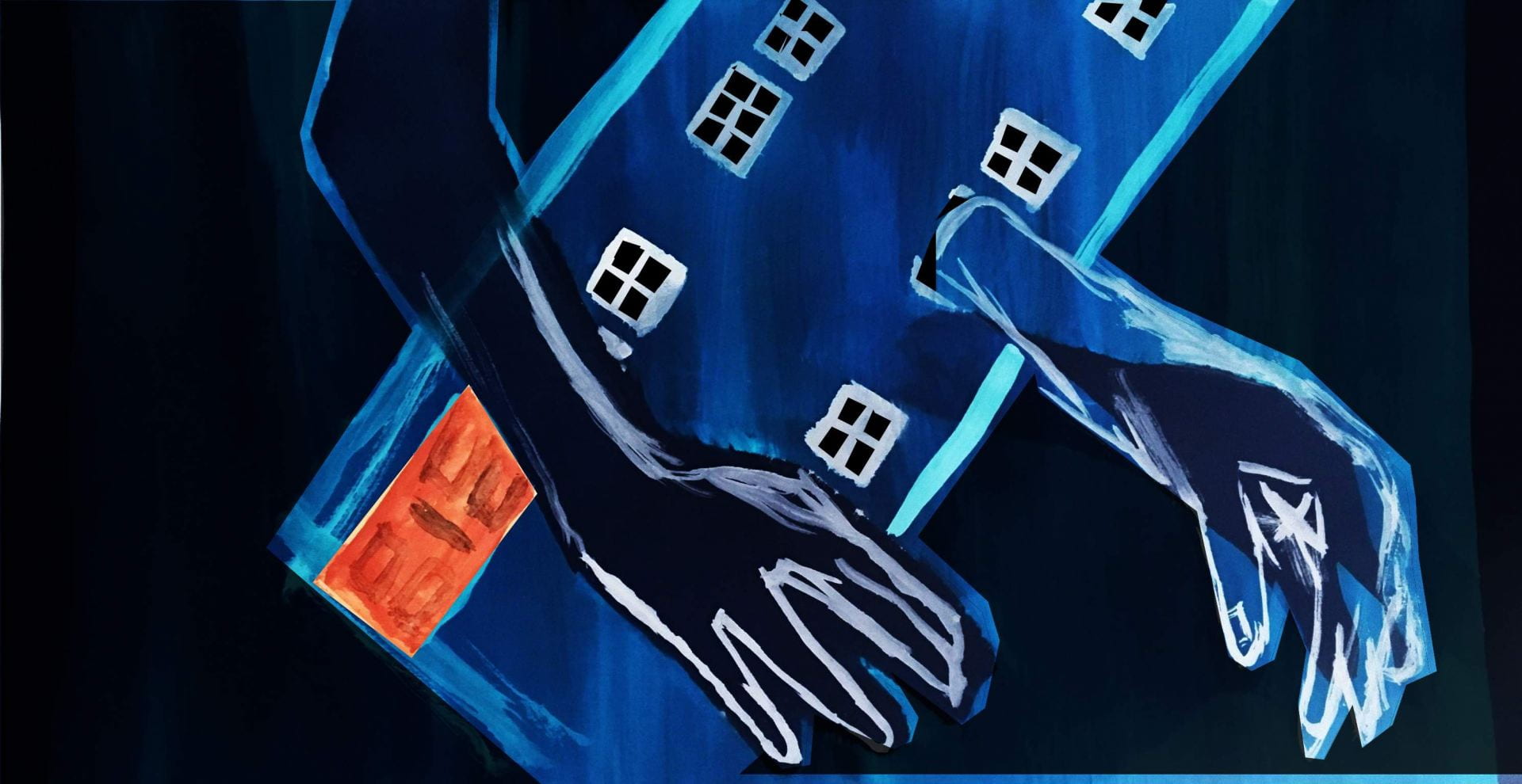 Illustration of a blue building with arms extended.