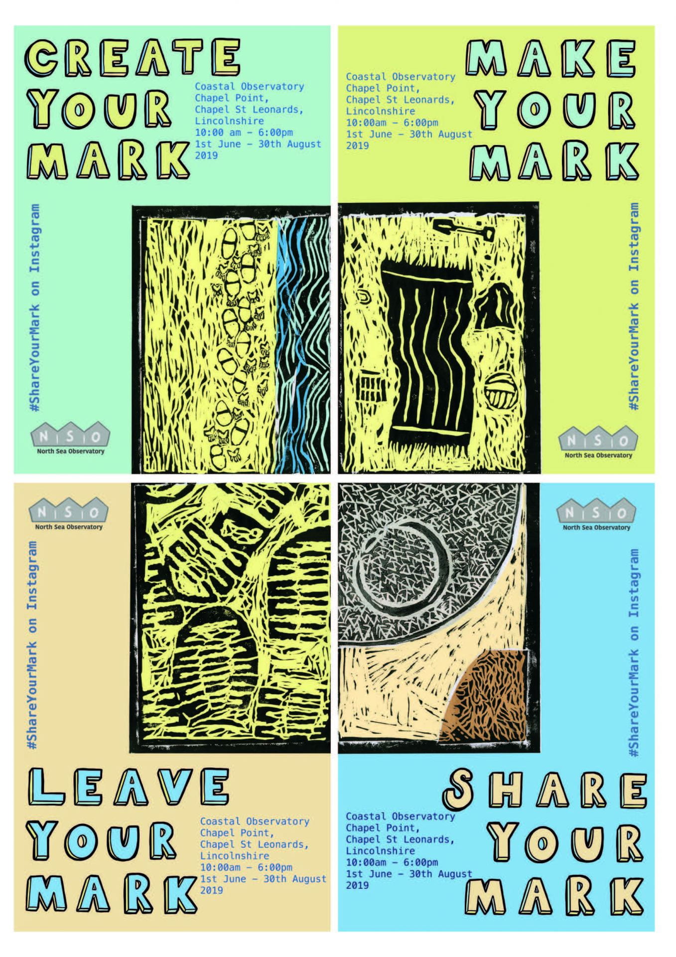 Example posts made using lino prints with slogan 'Create your own mark'.