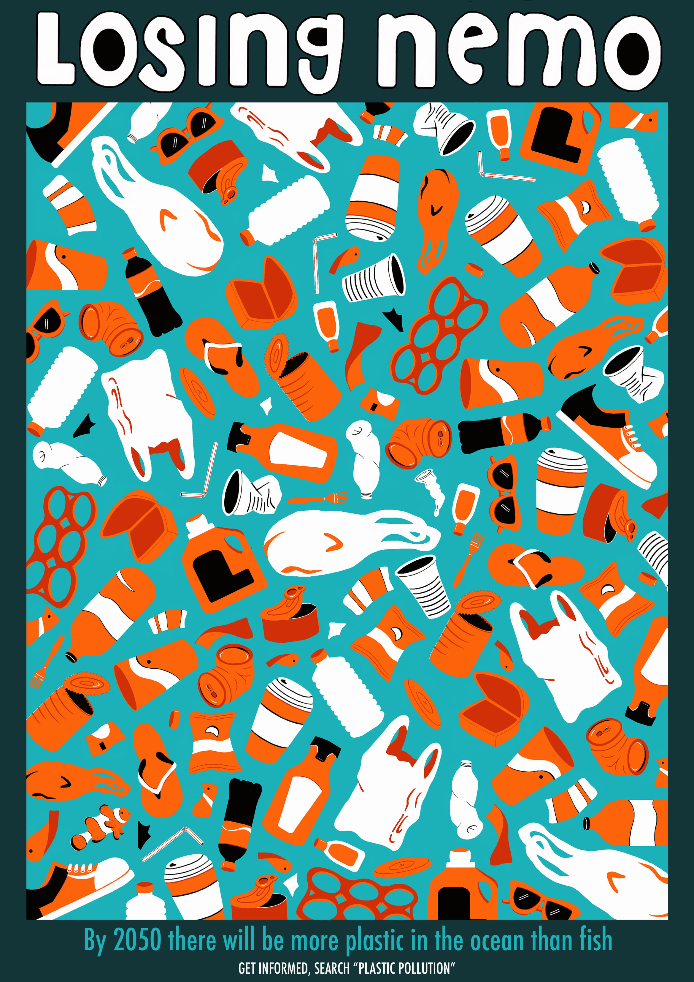 An illustrated poster, images of plastic waste in an orange and white colour scheme, the title reads: 'Losing Nemo'.