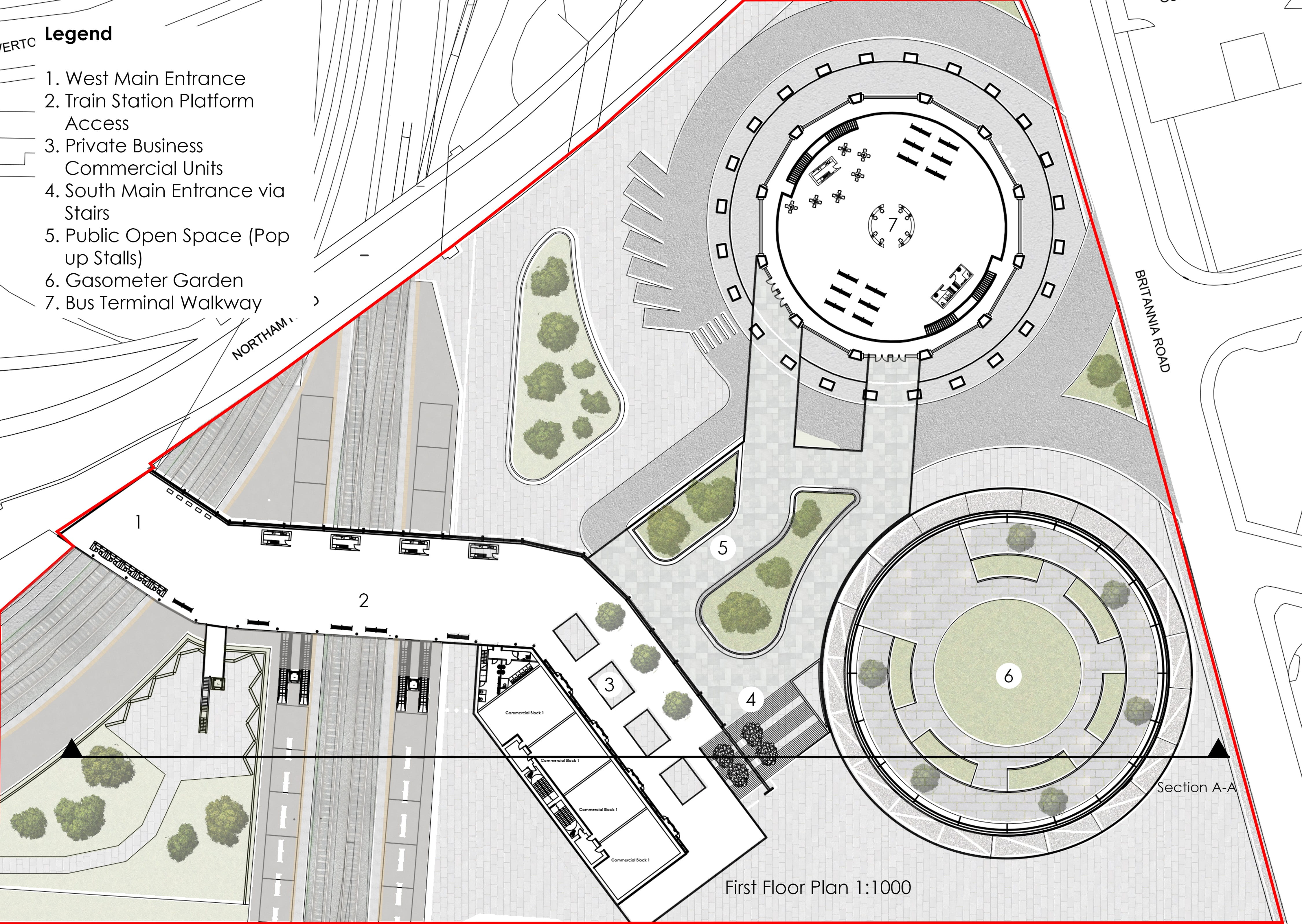First Floor Plan showing both the Train Terminal and Bus Terminal layout along with landscaping.
