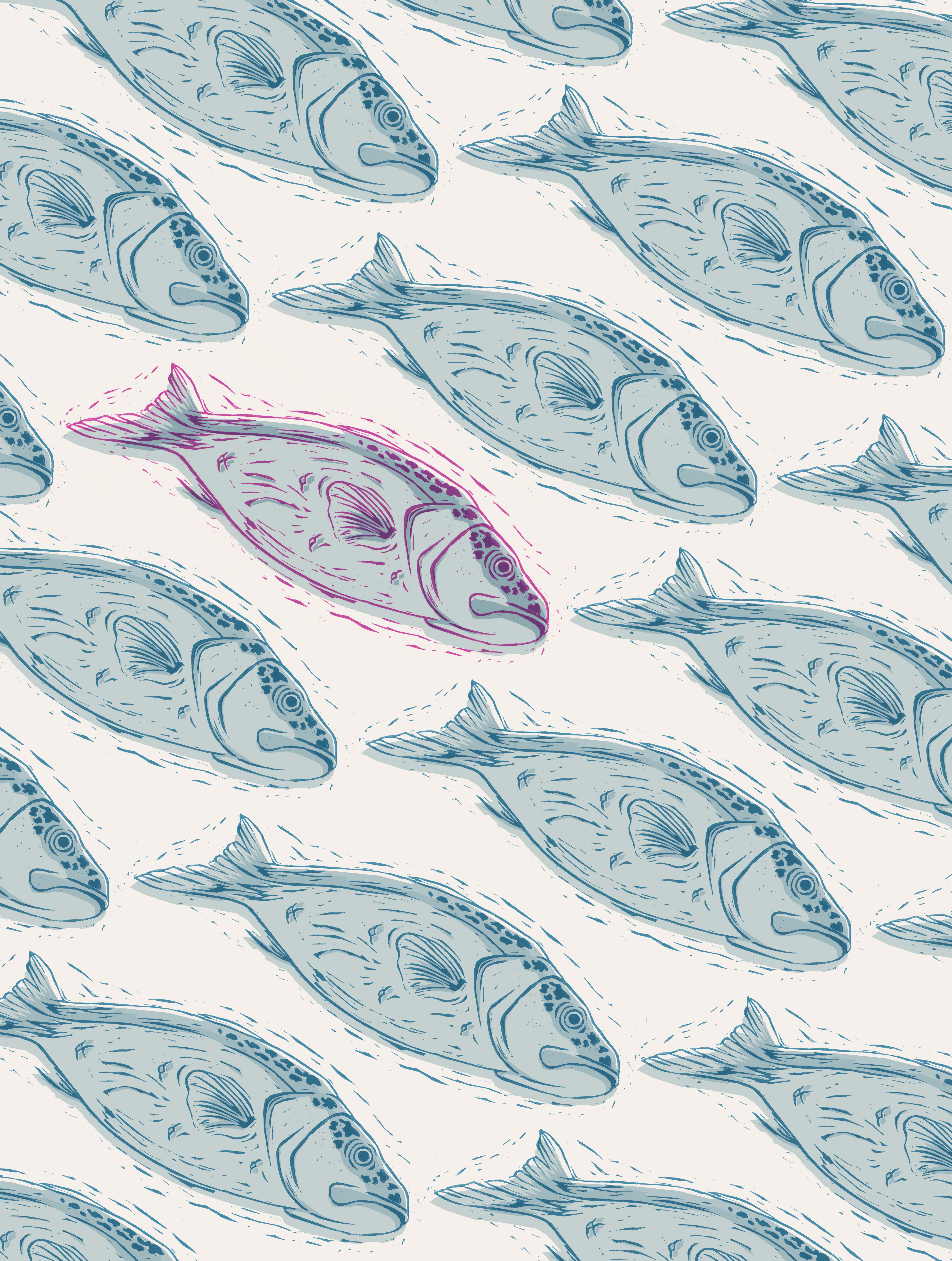 Illustration, pattern of blue fish against a white background.