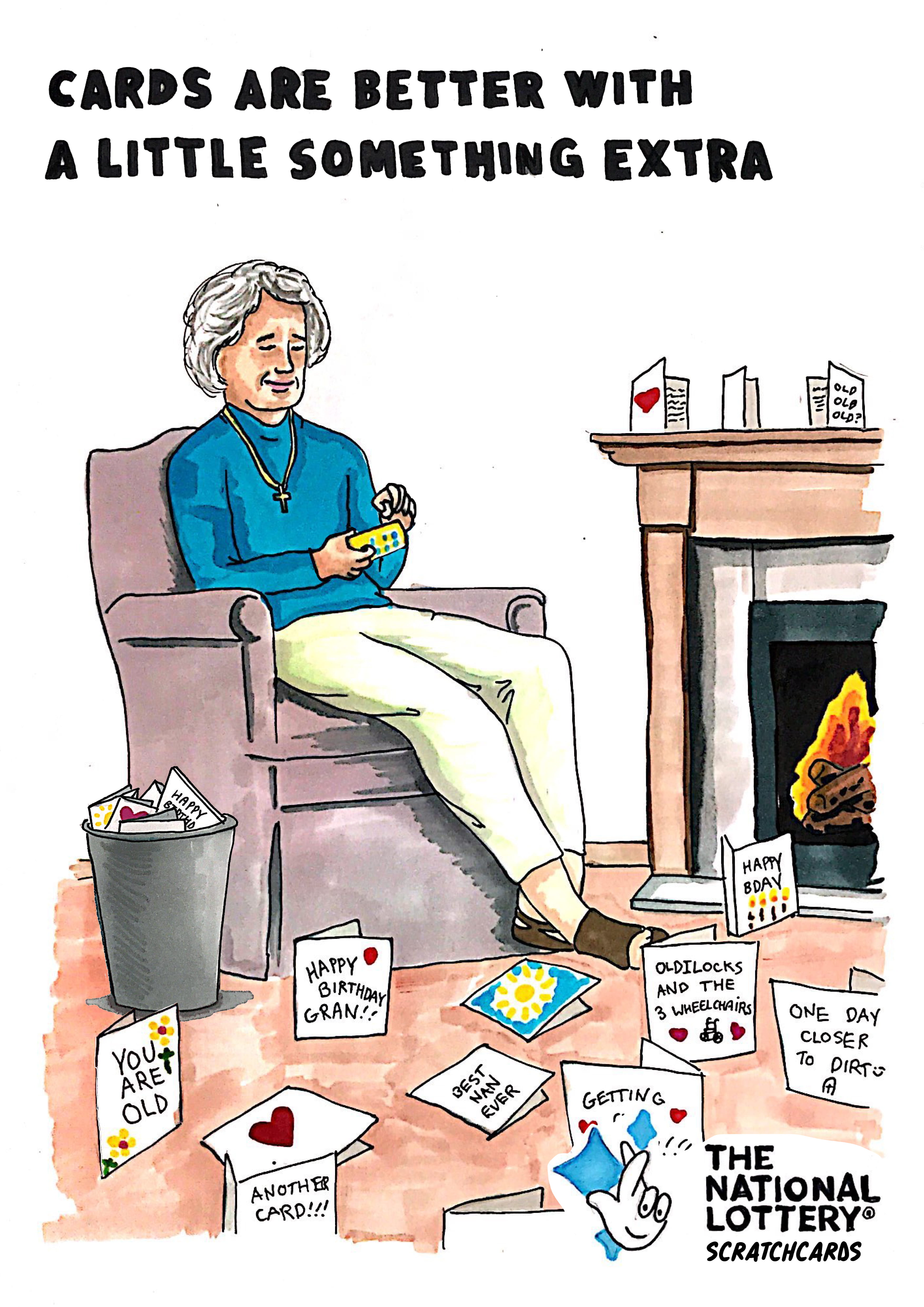 Illustration of a grandmother scratching a scratchcard surrounded with birthday cards.