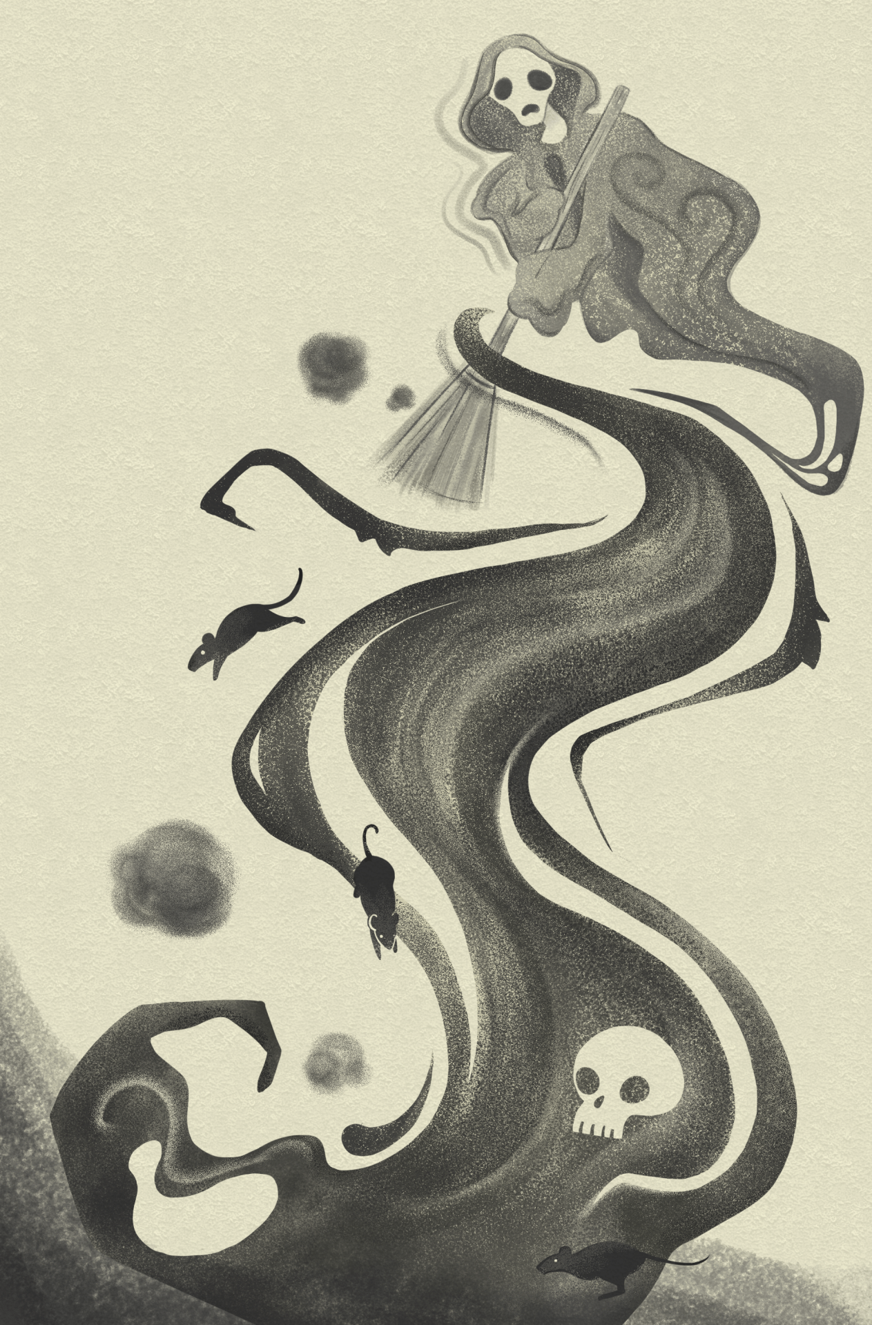 Image of a floating, hooded, ghostly character with a broom; sweeping a cloud of black dust down the page. The dust cloud has a shape of a skull within it, and three rats are jumping from the cloud.