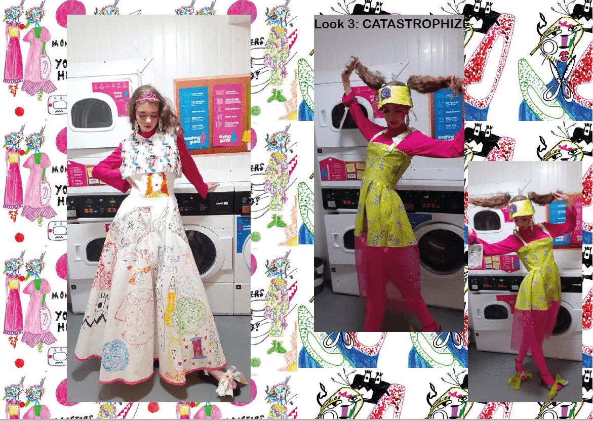 A model posing in pink and yellow garments, image surround is illustrations of the garment designs. Look 2(left) DRAMATIC of which I illustrated and painted white denim fabric to create. Look 3 (right) CATASTROPHIZE.