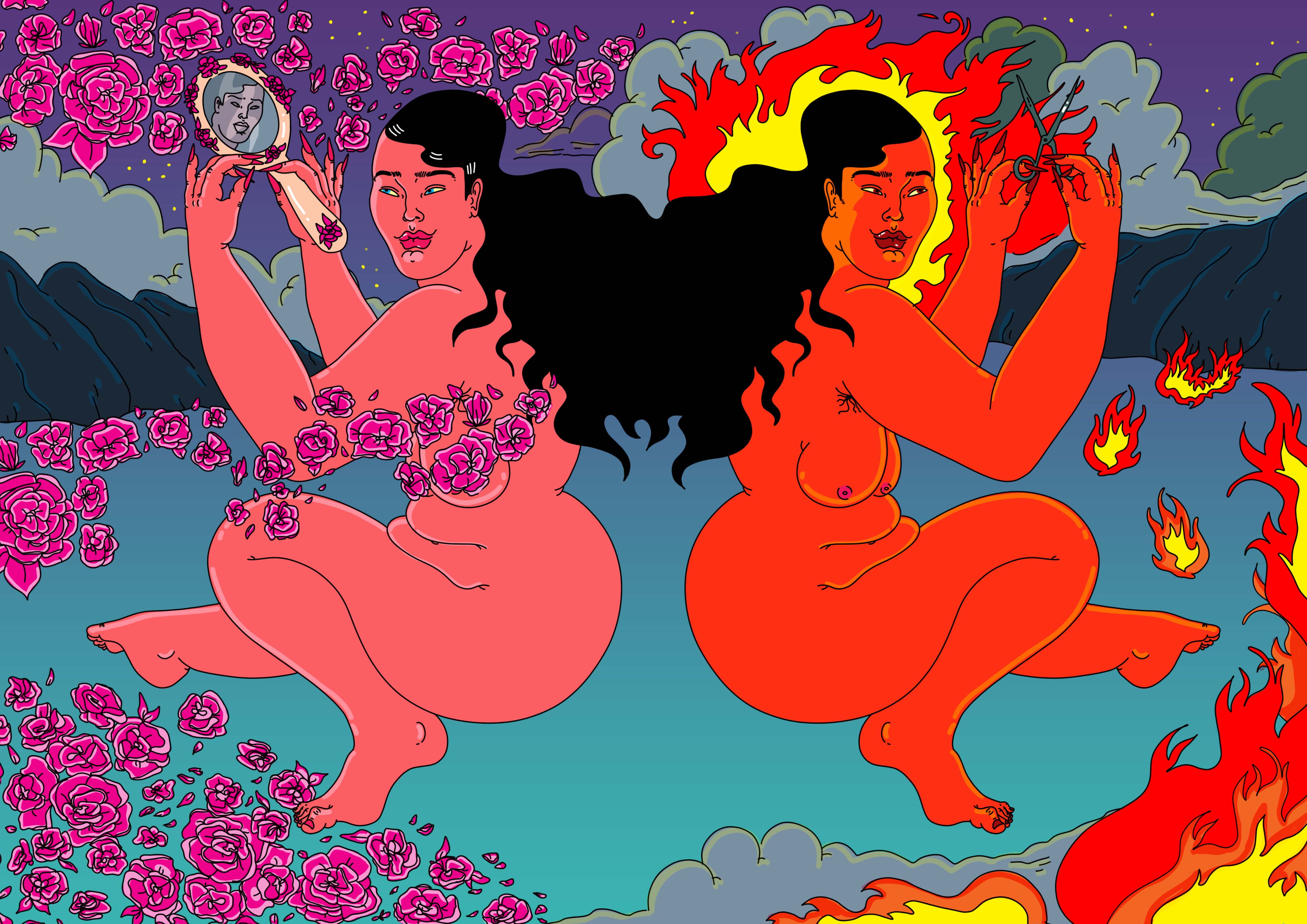 Two females crouch back-to-back naked, in the centre of the image. One holds scissors and is engulfed in flames, the other holds a mirror and is engulfed in flowers.