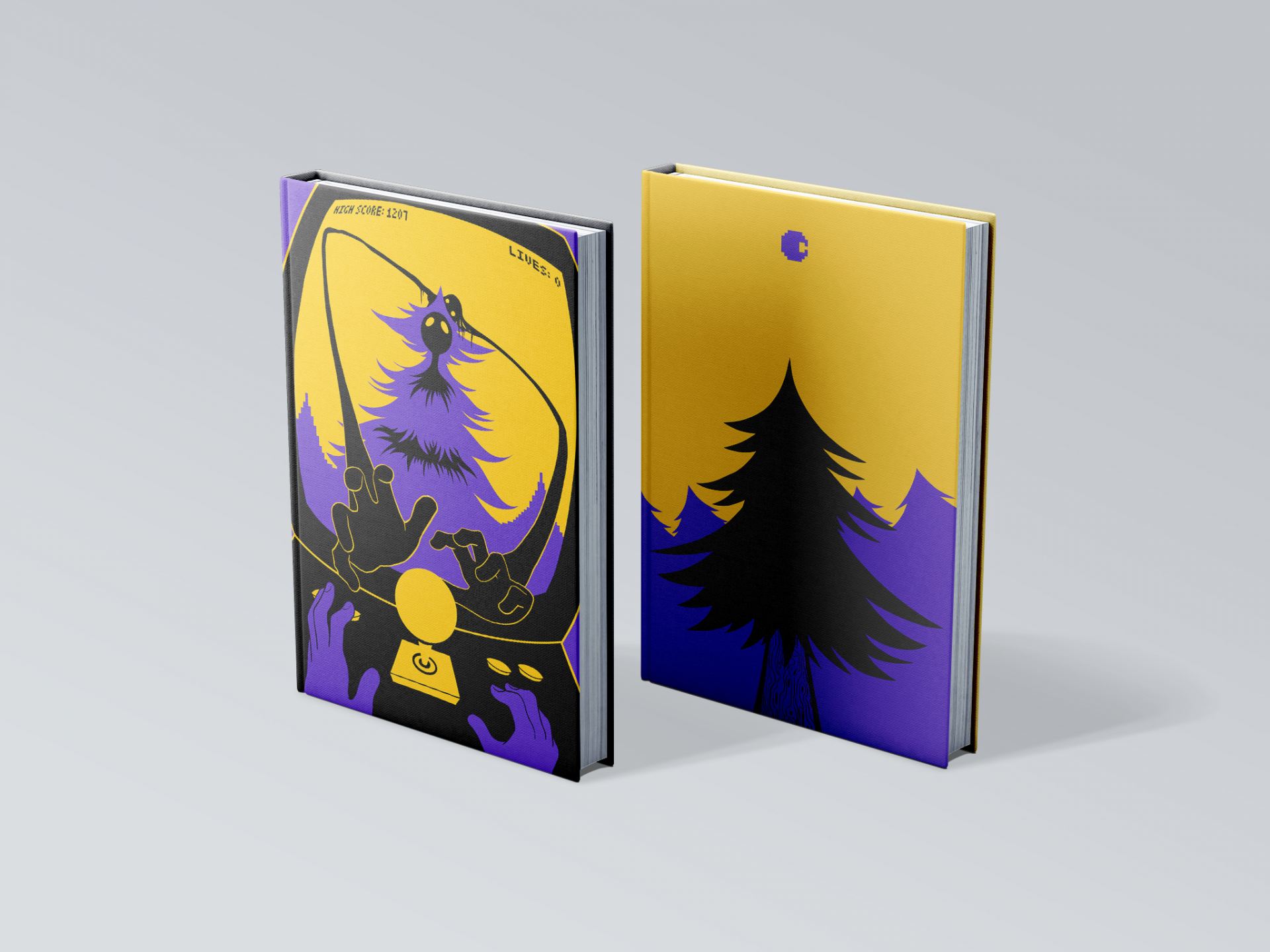 A book, on the cover is an arcade machine with a sentient tree on the screen. A monster is peeking out; its arms are reaching out of the screen at you. The design is in black, purple and yellow.