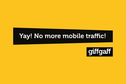 'Yay! No more mobile traffic!' featuring giffgaff logo and a yellow background