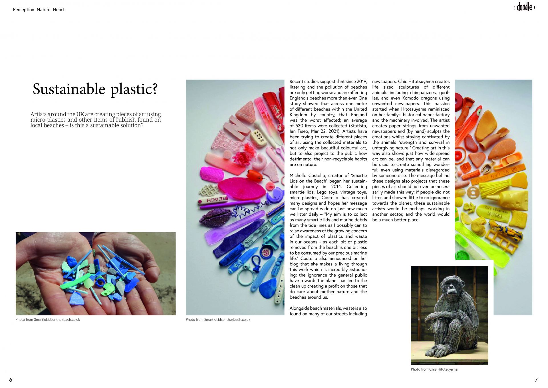 Magazine. One page from a magazine project. The main genre was a creative magazine, and so the article links creativity with sustainability.