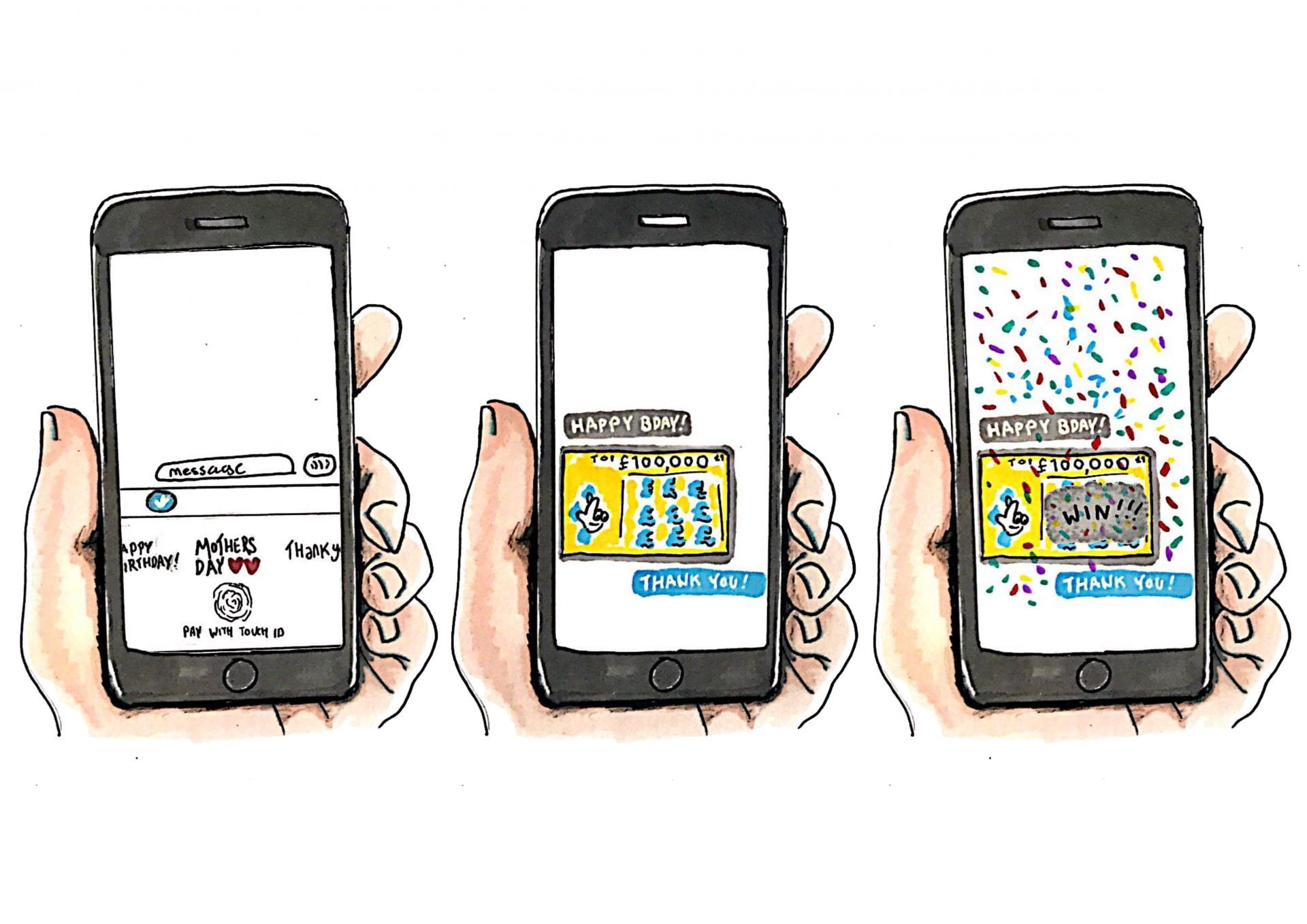 Illustration of a digital feature allowing you to send themed scratchcards over text message.