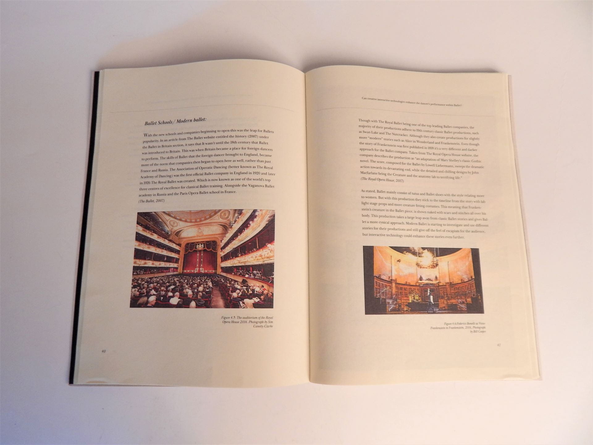 Dissertation paper open at chapter on 'Ballet Schools/Modern Ballet' with photographs of theatres.