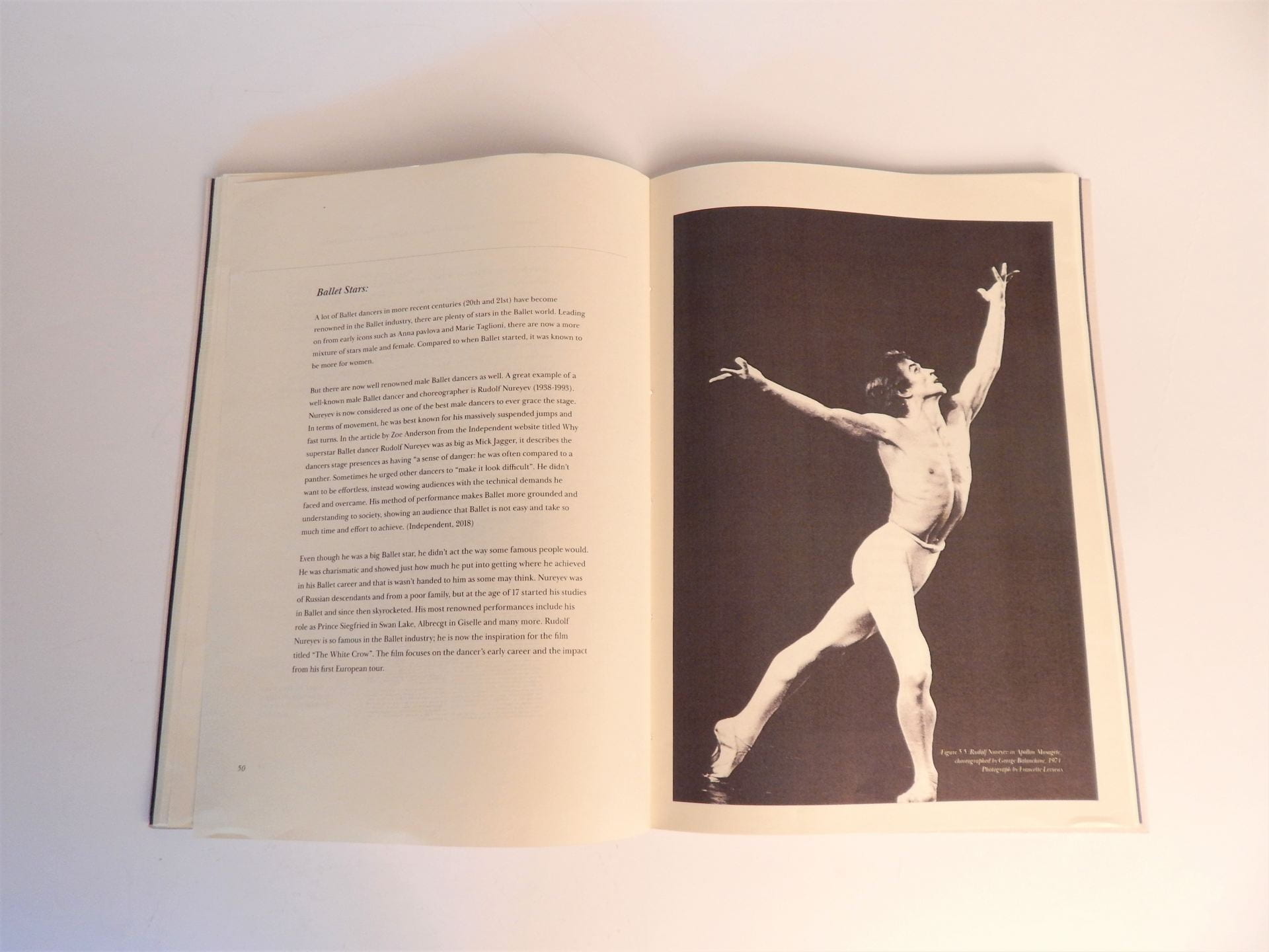 Dissertation paper open at chapter on 'Ballet Stars' with black and white photograph of male ballet dancer.