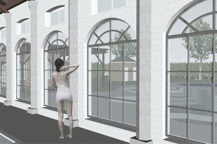 Digital render showing woman stood by series of windows