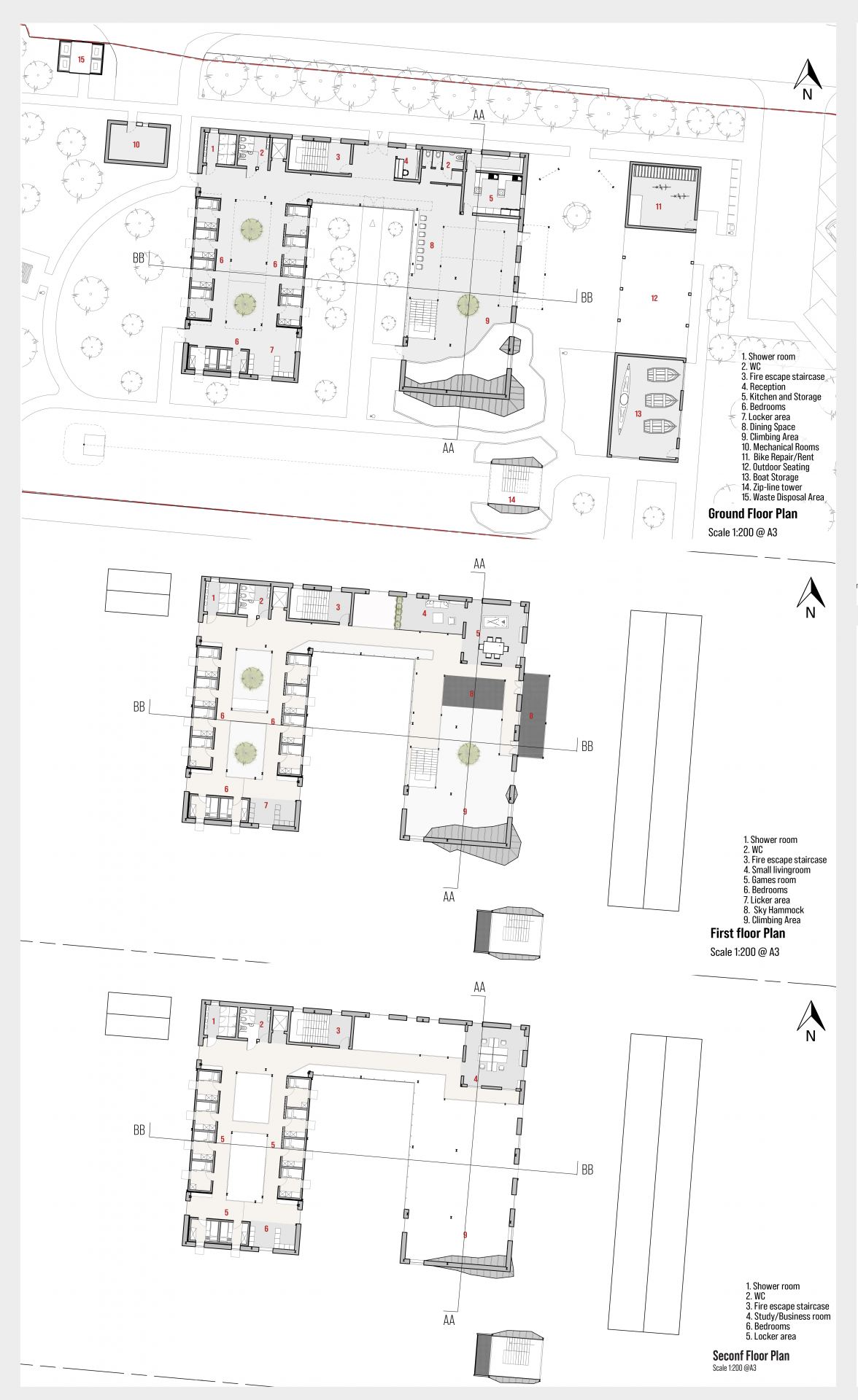 Final floor plans of the project describing its layout, adjacencies and programme.