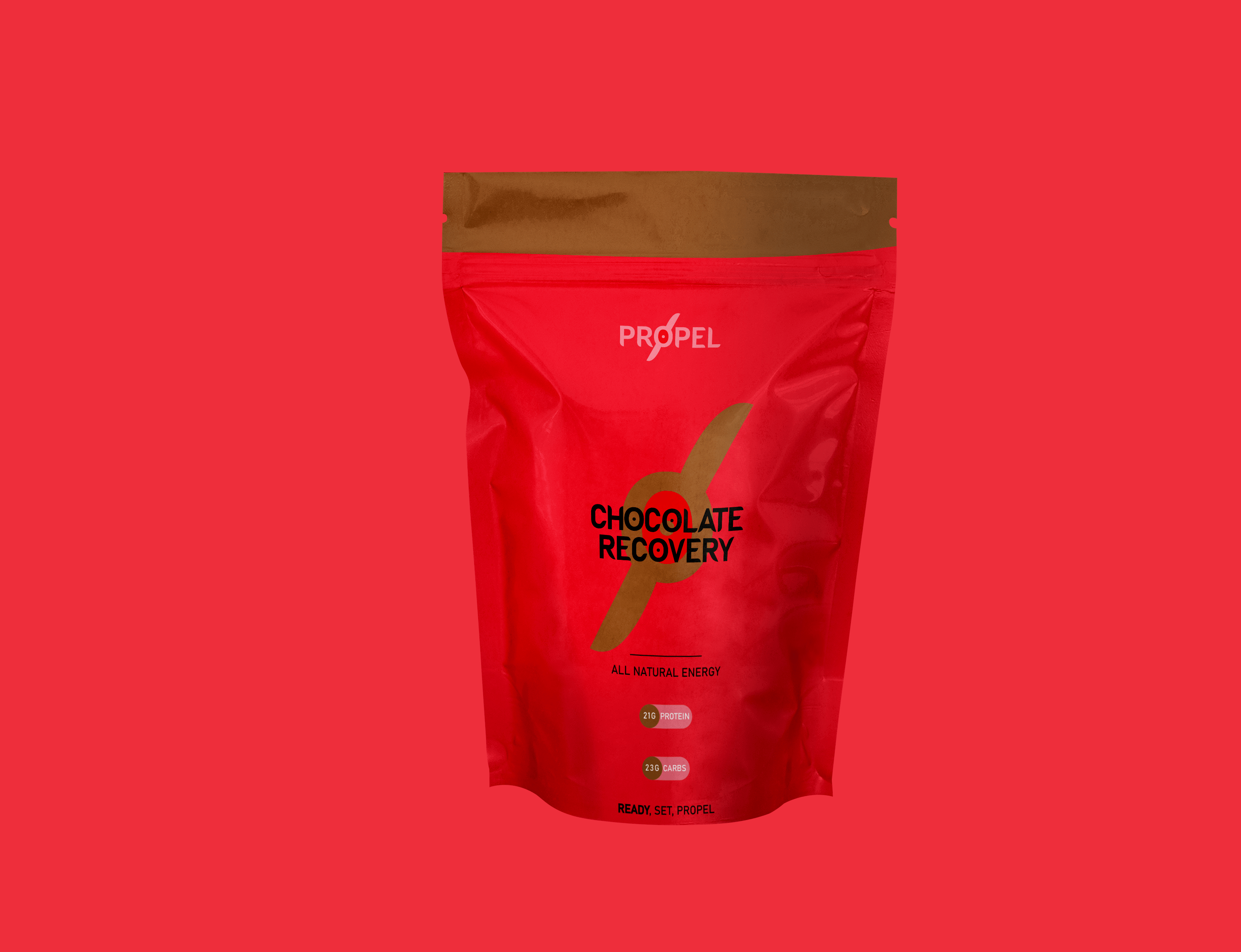 Red packaged chocolate protein powder.