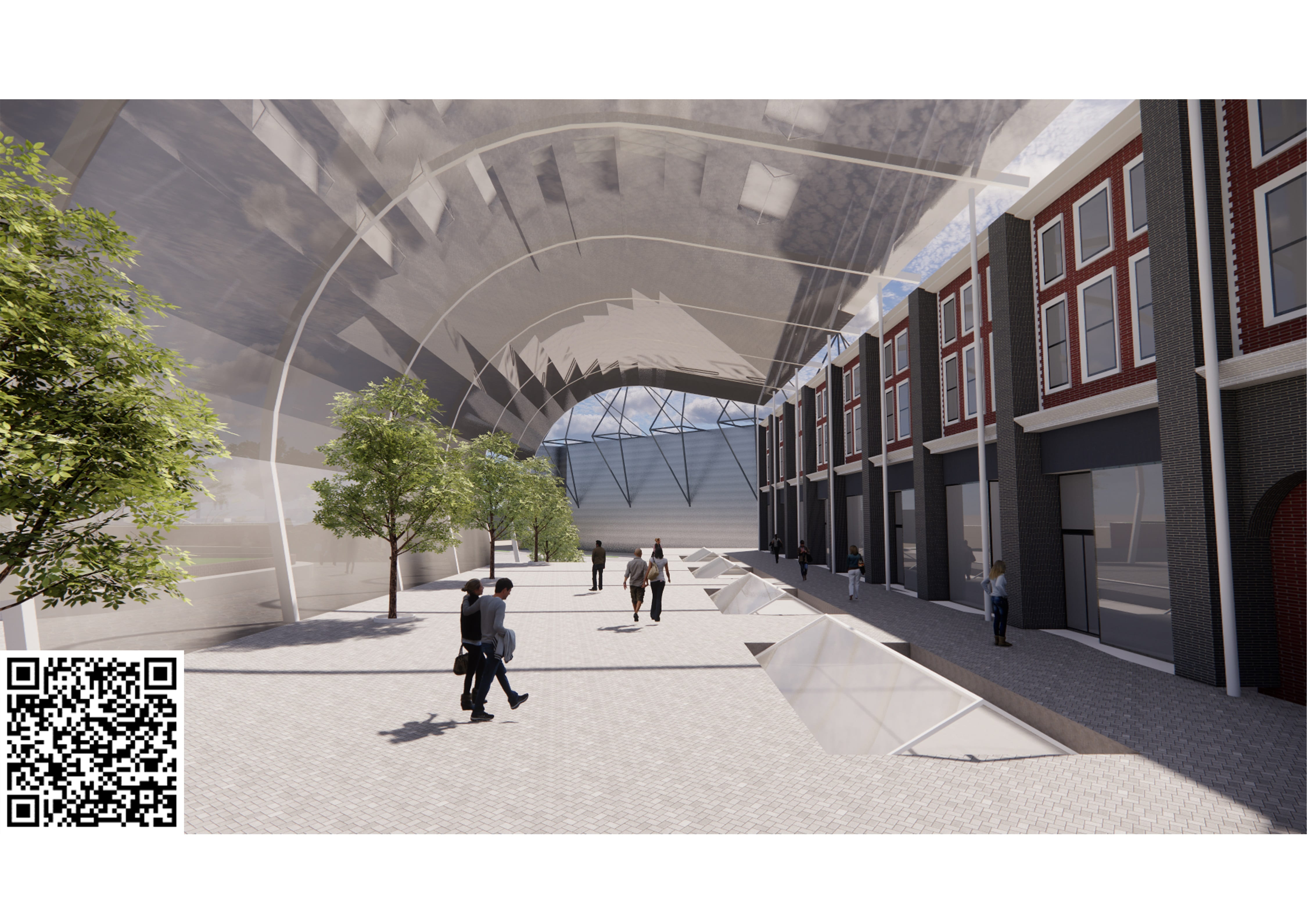 Interior render showing the glazed canopy and main facade of the Station Building Retail Block.