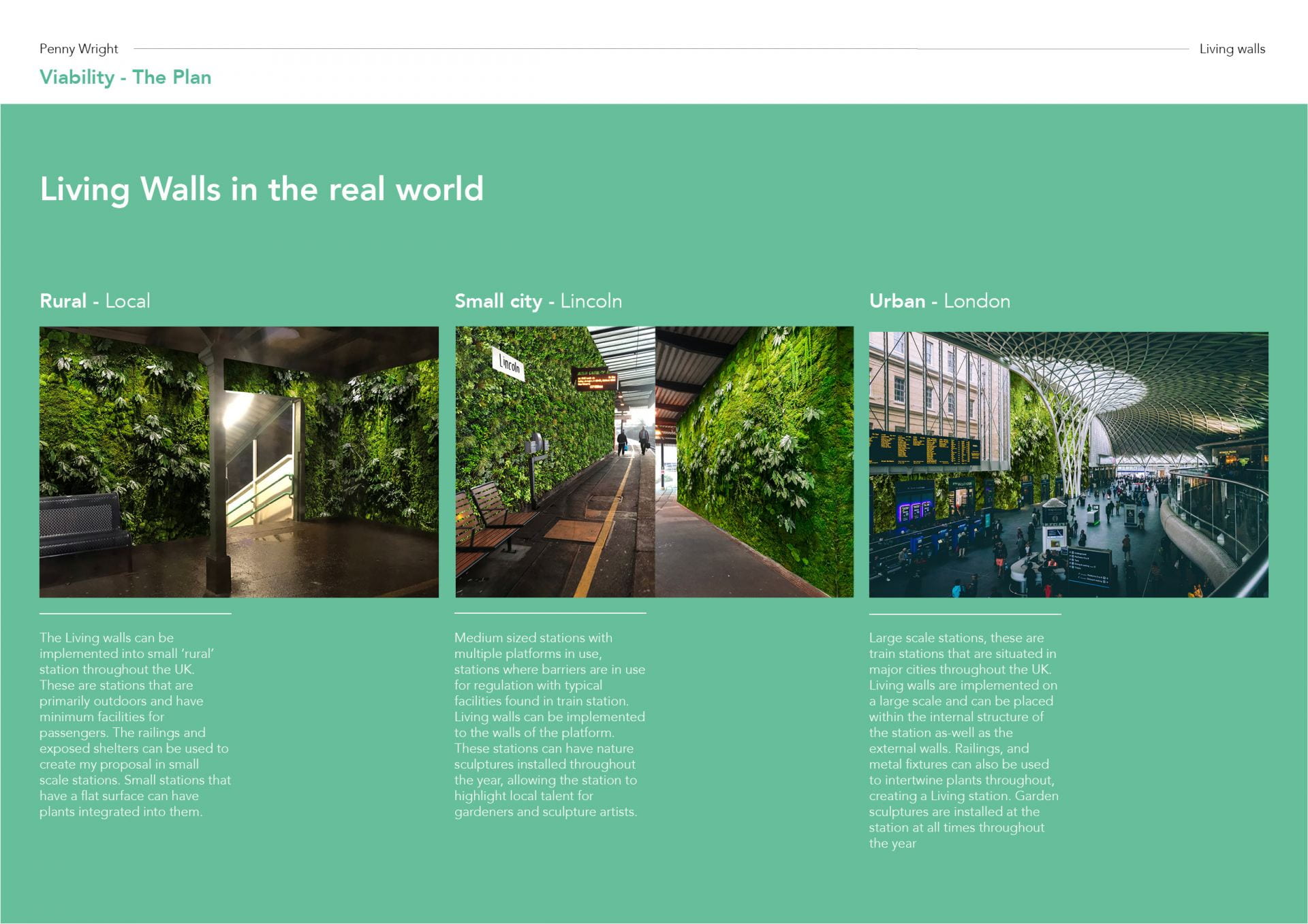 Presentation slide with image of train platforms with greenery on a wall and information about the living walls project. 