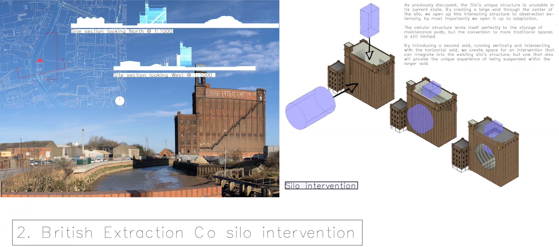 The silo has a unique honeycomb like structure internally. In order for it's use to be adapted, a drastic intervention is required; the insertion of two voids to create new usable spaces.