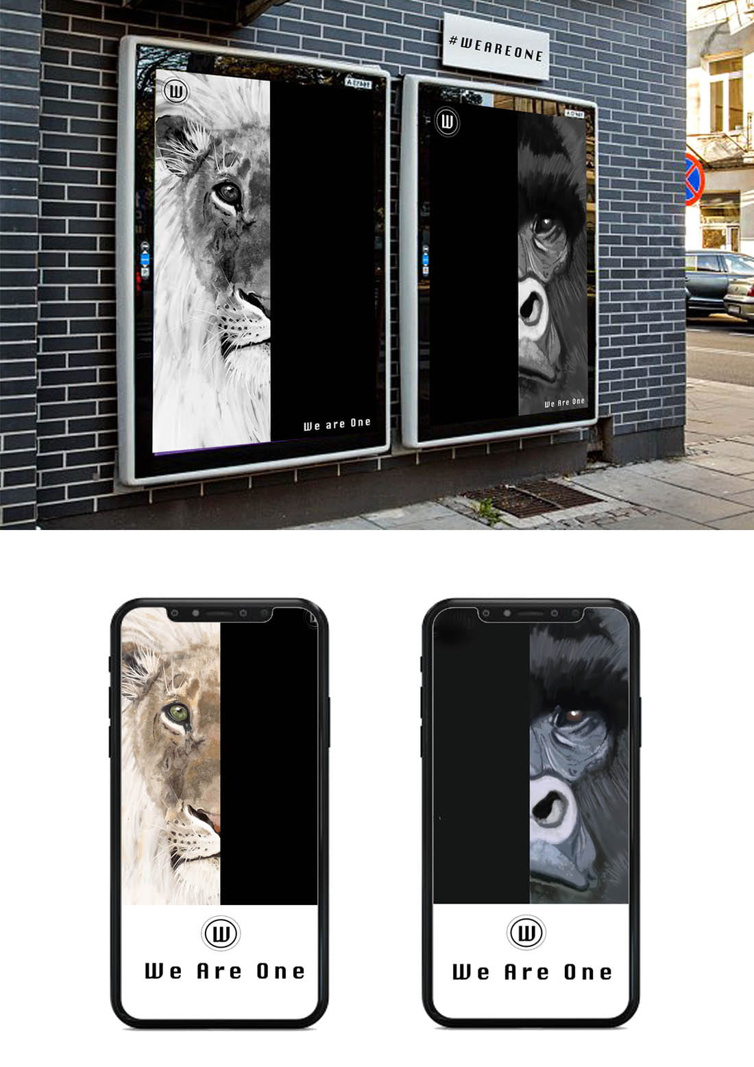 Image of advertising mockup in street and two iphone screen mockups.
