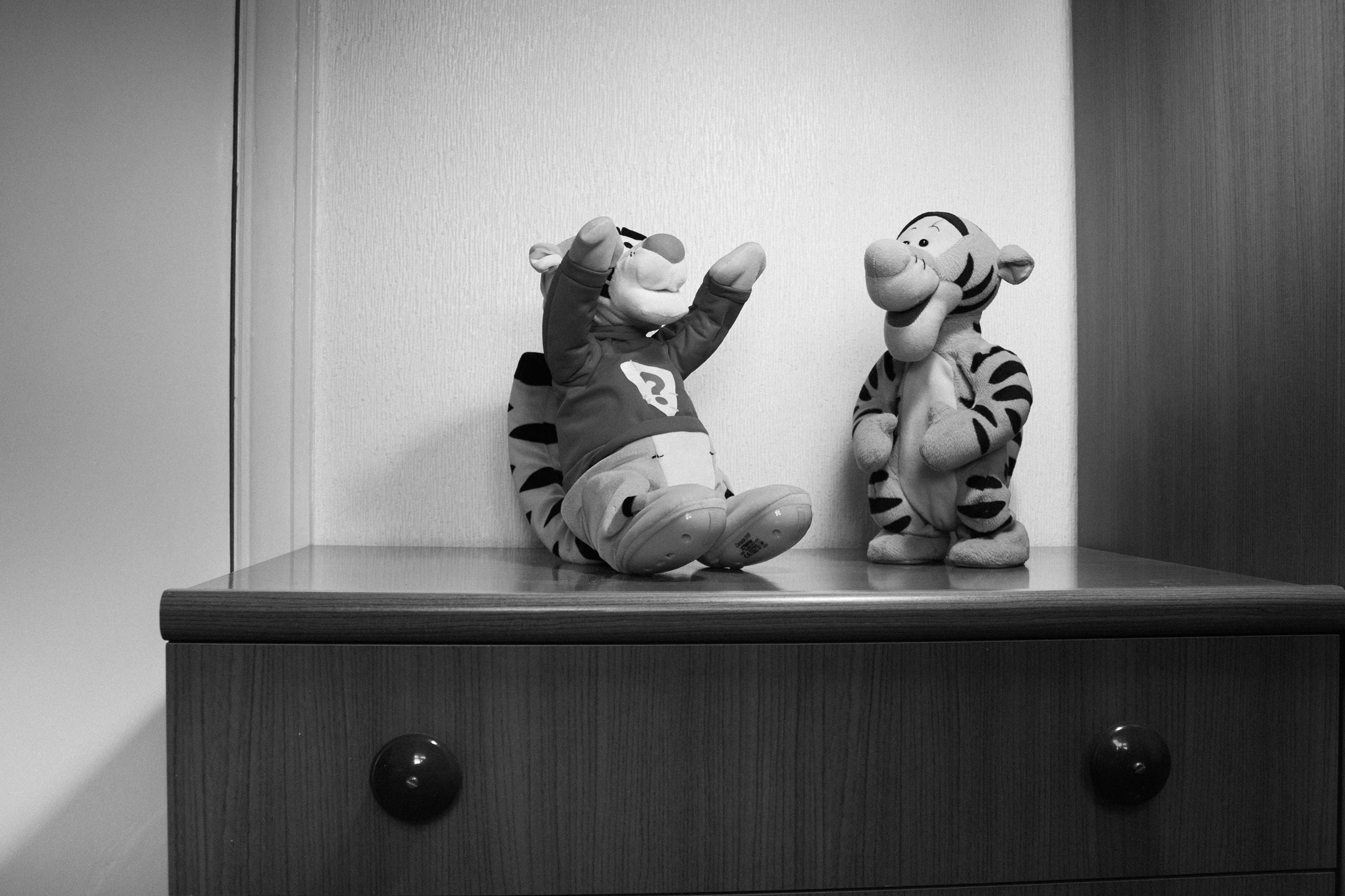 Black and white photograph of two plush Tigger toys.