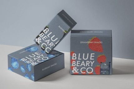 Packaging of snack boxes for brand 'Blue Beary & Co'