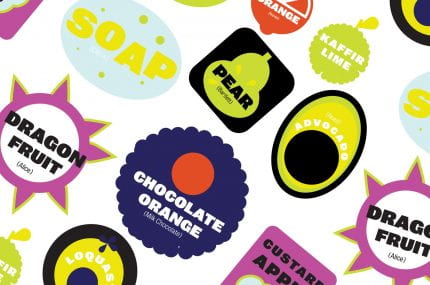 Graphic design featuring different fruit stickers