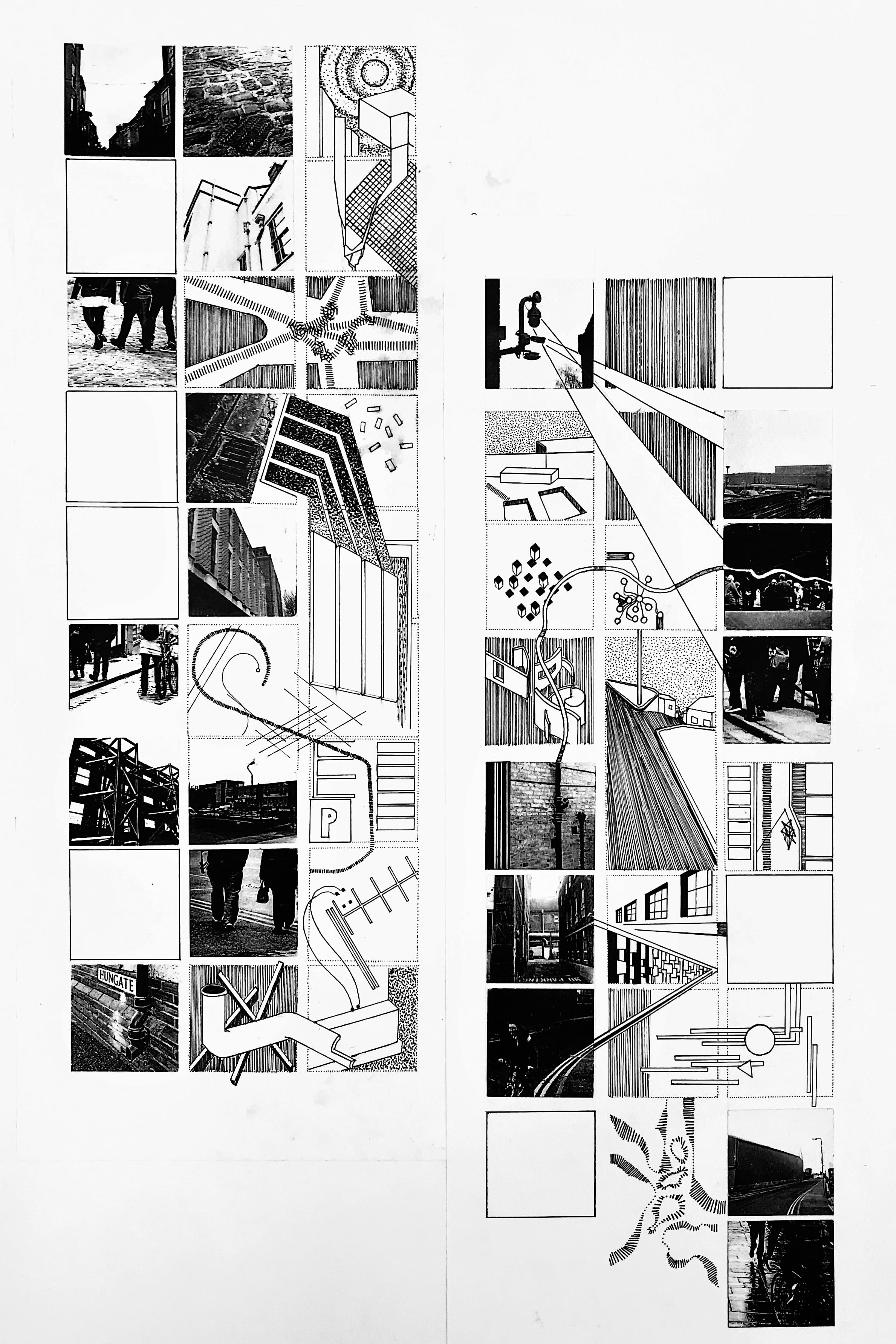 A collection of black and white illustrations, maps photographs from around a city.
