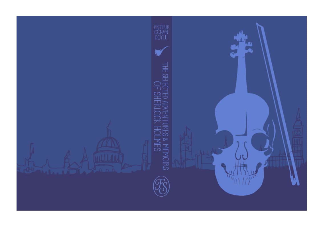 Illustration, a blue violin, the body of which is a skull, against a dark blue background.