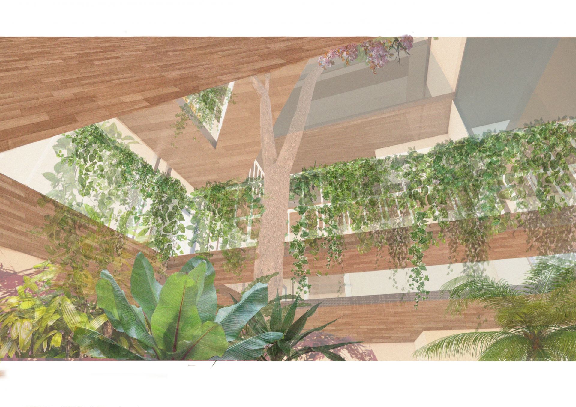 A visual looking up into the atrium with the planting clearly visible